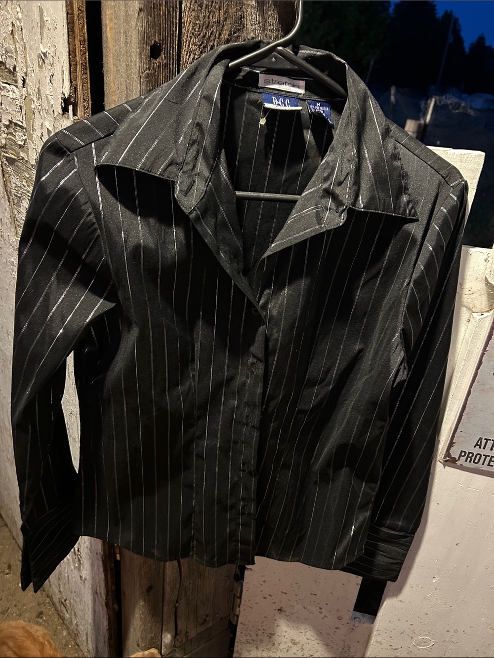 Womens DCC Missy Black blouse with silver metallic pinstripes